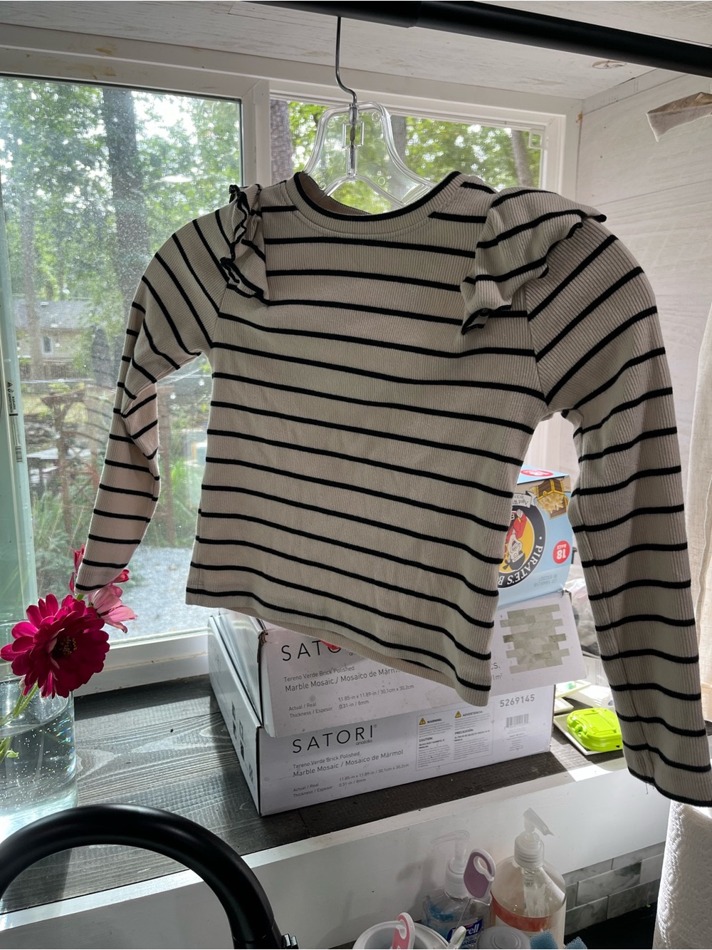 Zara Striped Long-Sleeve Ruffle Shoulder Top - Cream & Black